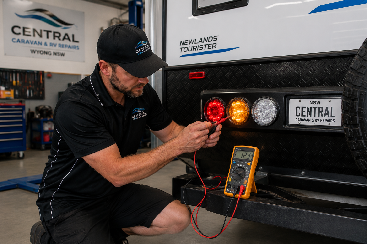 Technician testing caravan rear lights and wiring with a multimeter