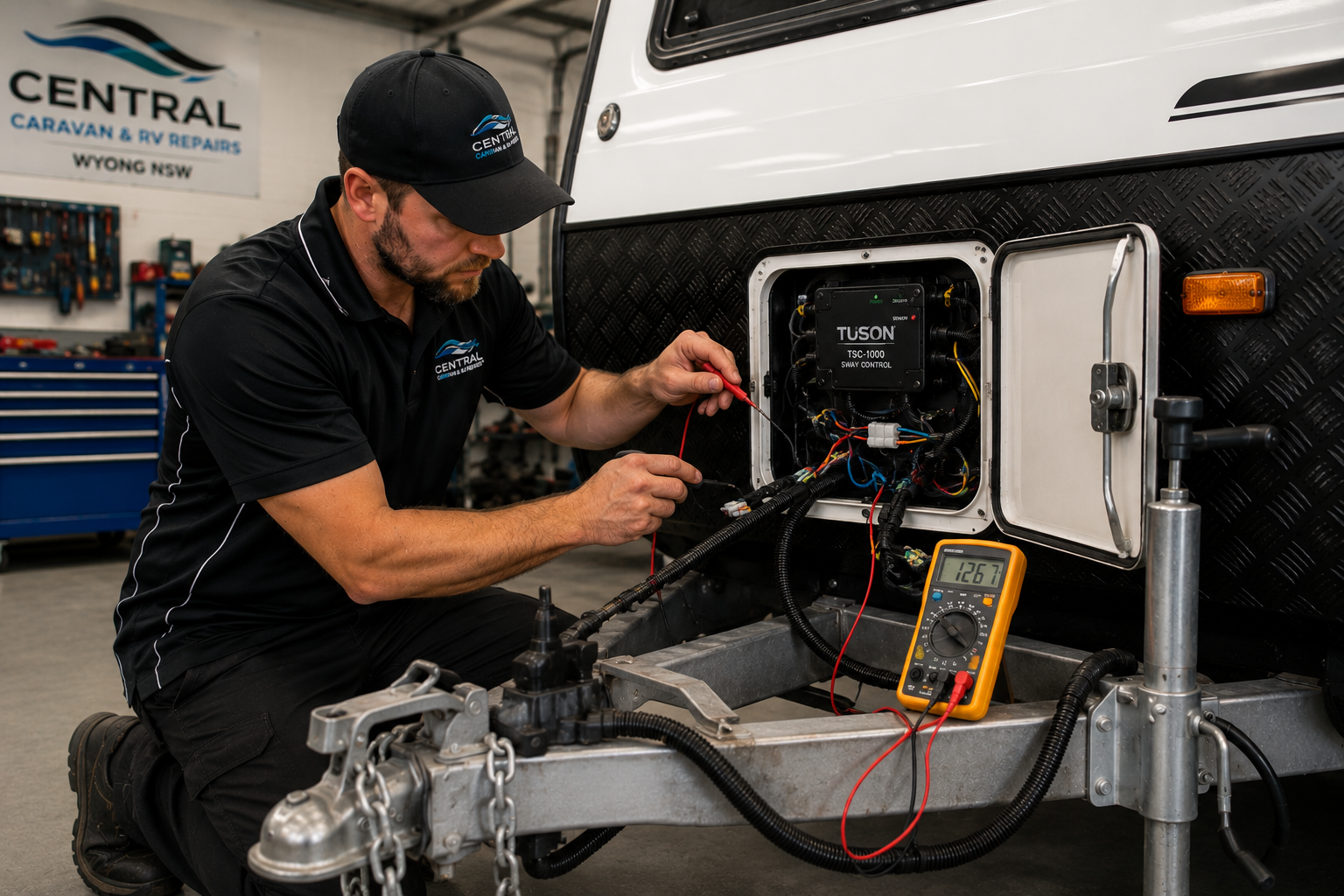 Technician checking caravan electrical wiring and 12V accessory fault