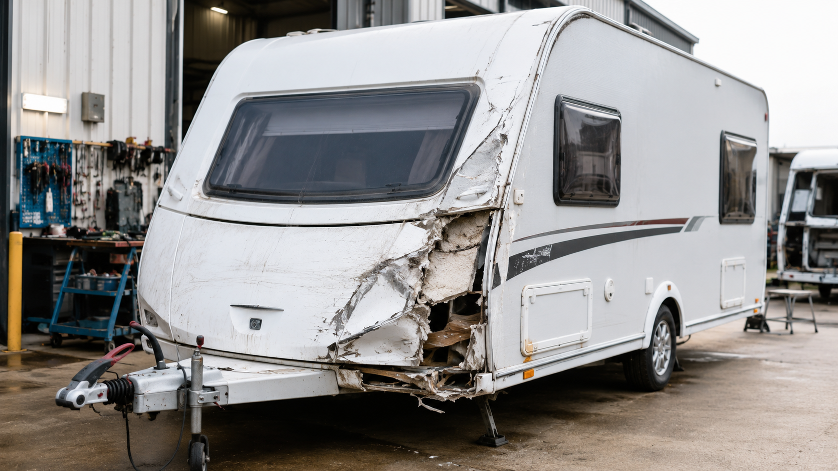 Damaged caravan before insurance repair on the Central Coast