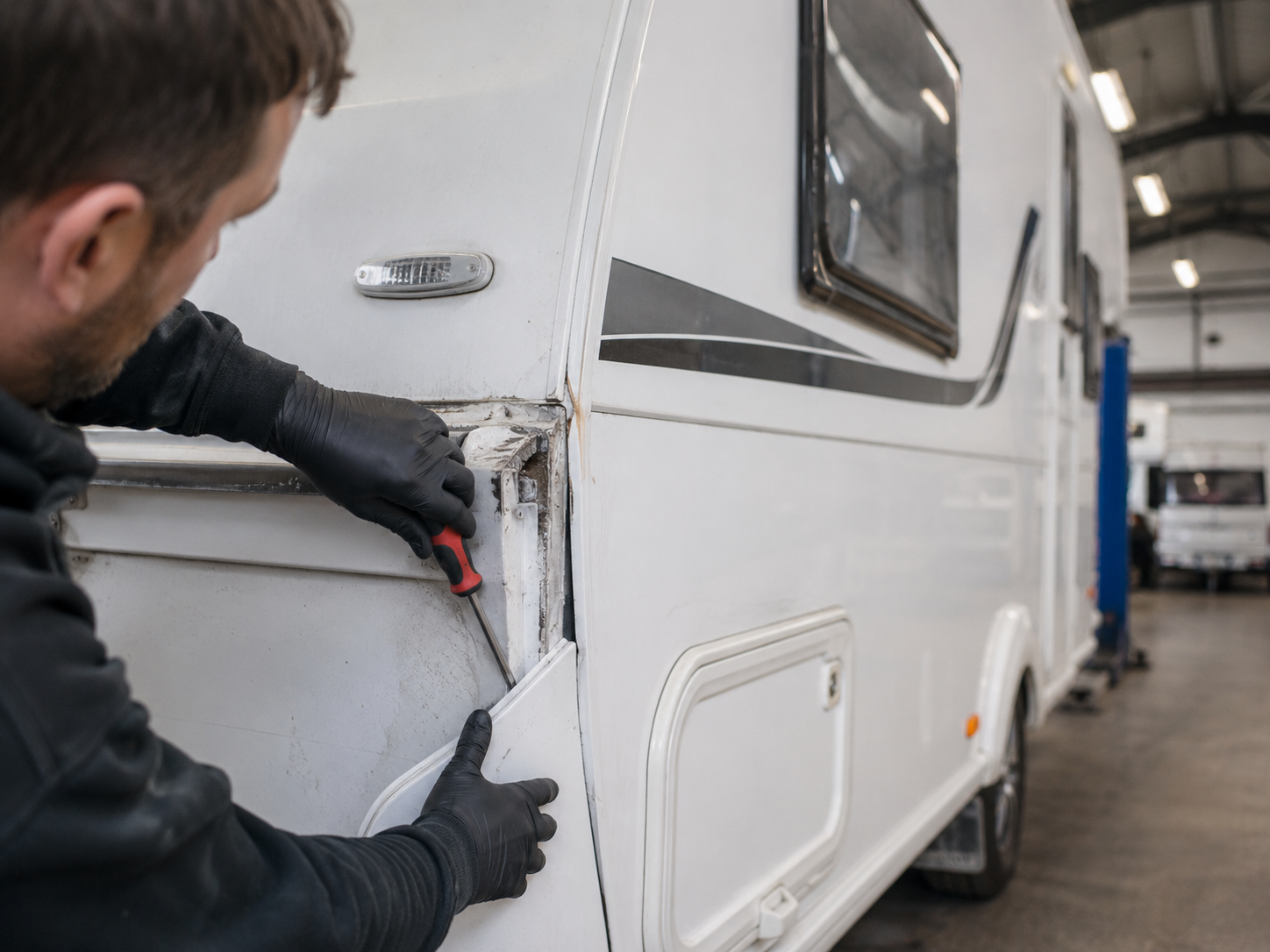 Repairer working on private caravan repair detail at a Central Coast workshop