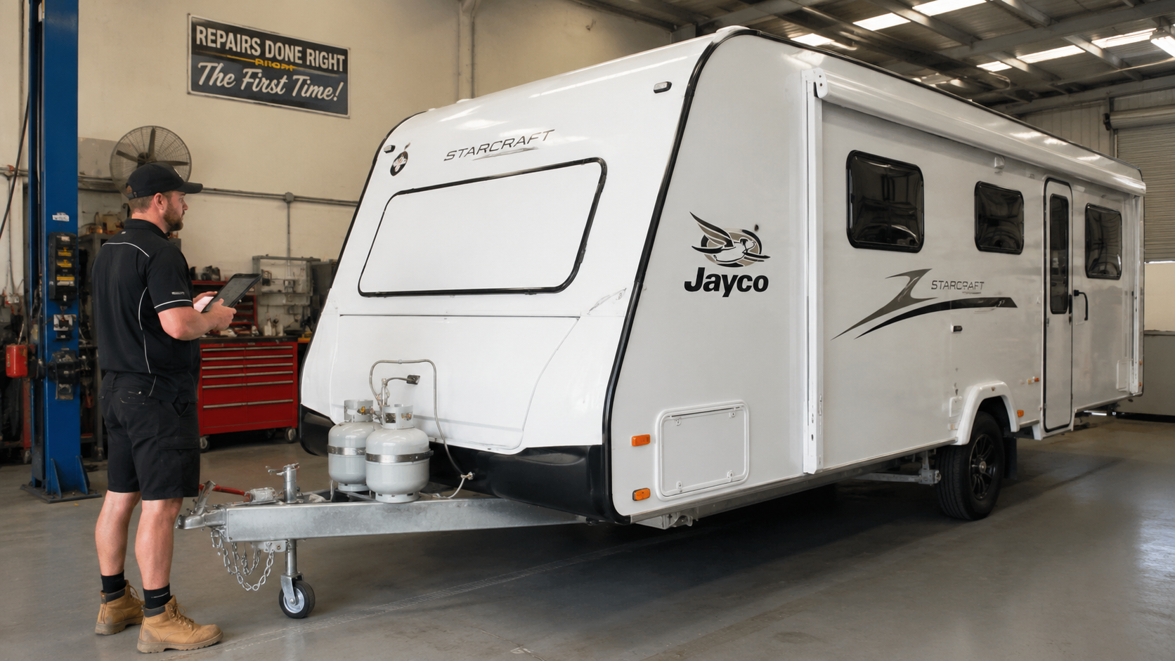 Completed private caravan repair inspection at Wyong workshop on the Central Coast