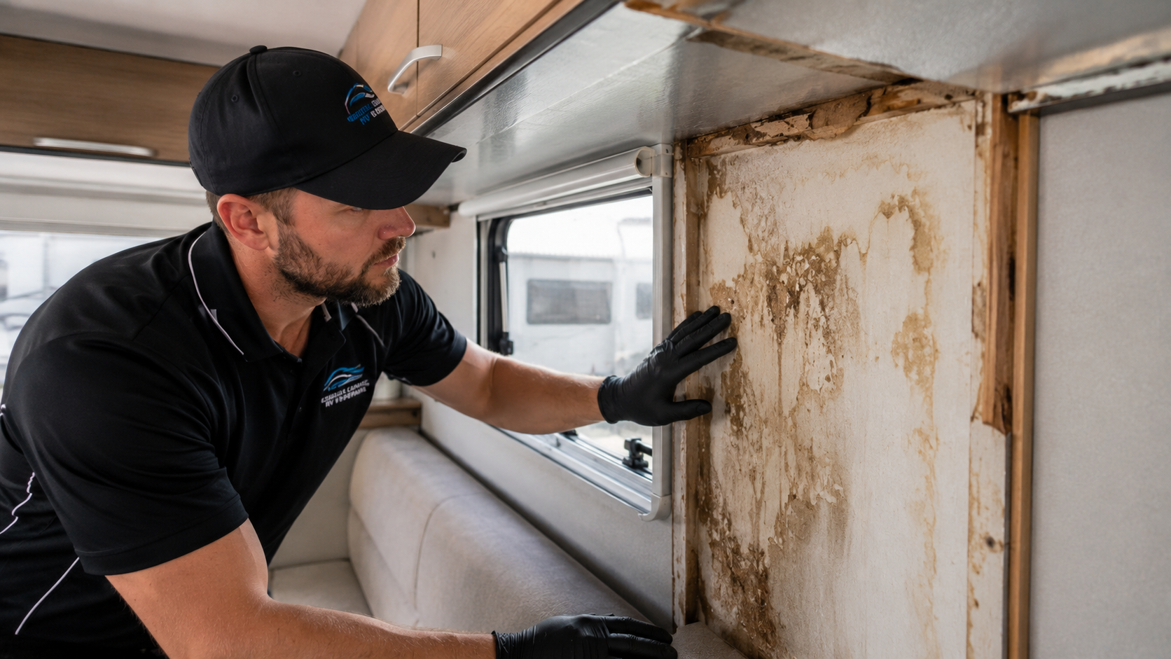Caravan interior moisture damage inspection at Wyong workshop