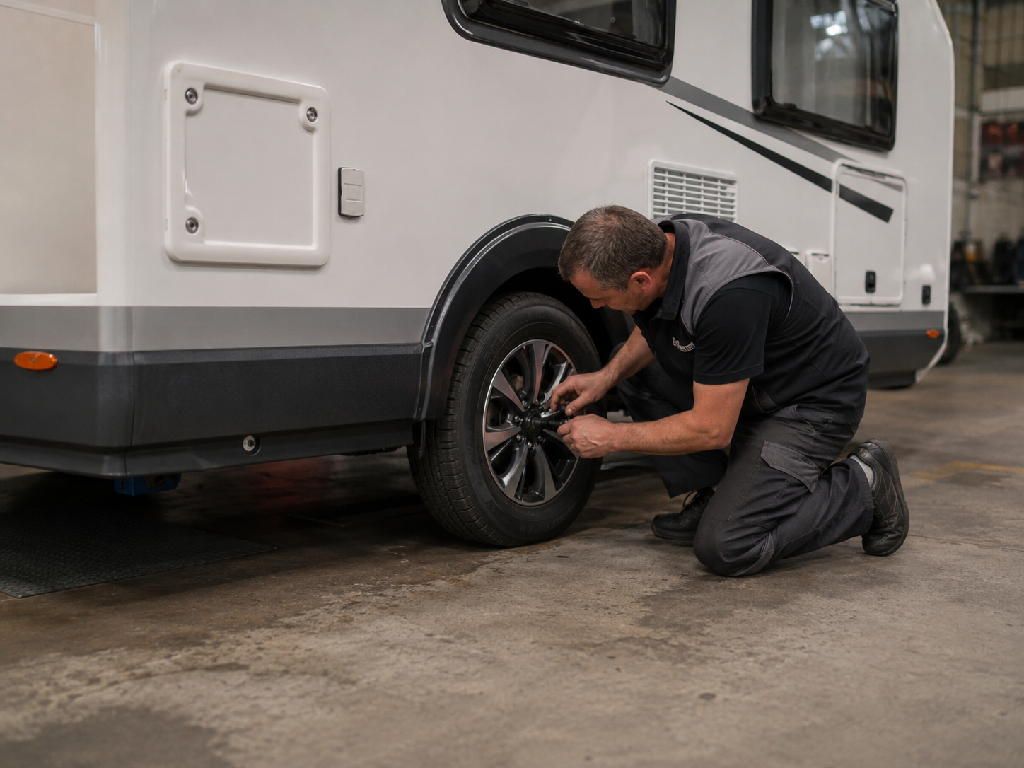 Technician checking caravan wheel and tyre during caravan service on the Central Coast