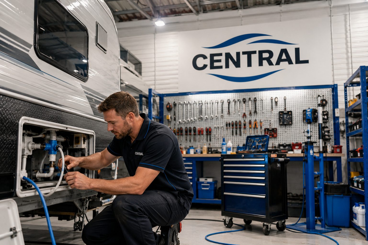 Technician checking caravan water flow and plumbing connection after repair