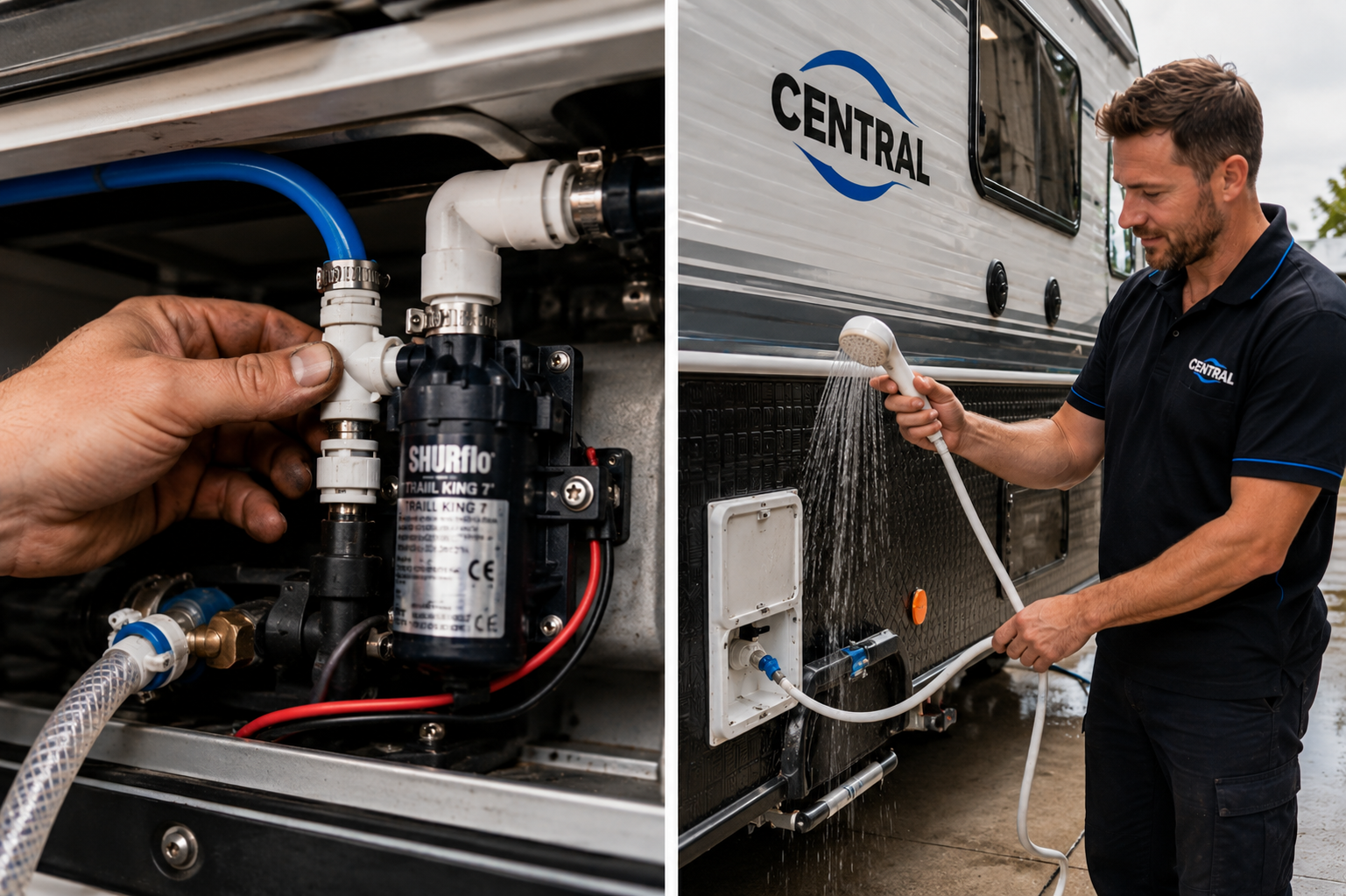 Close-up caravan plumbing repair with hose fitting pump and water connection