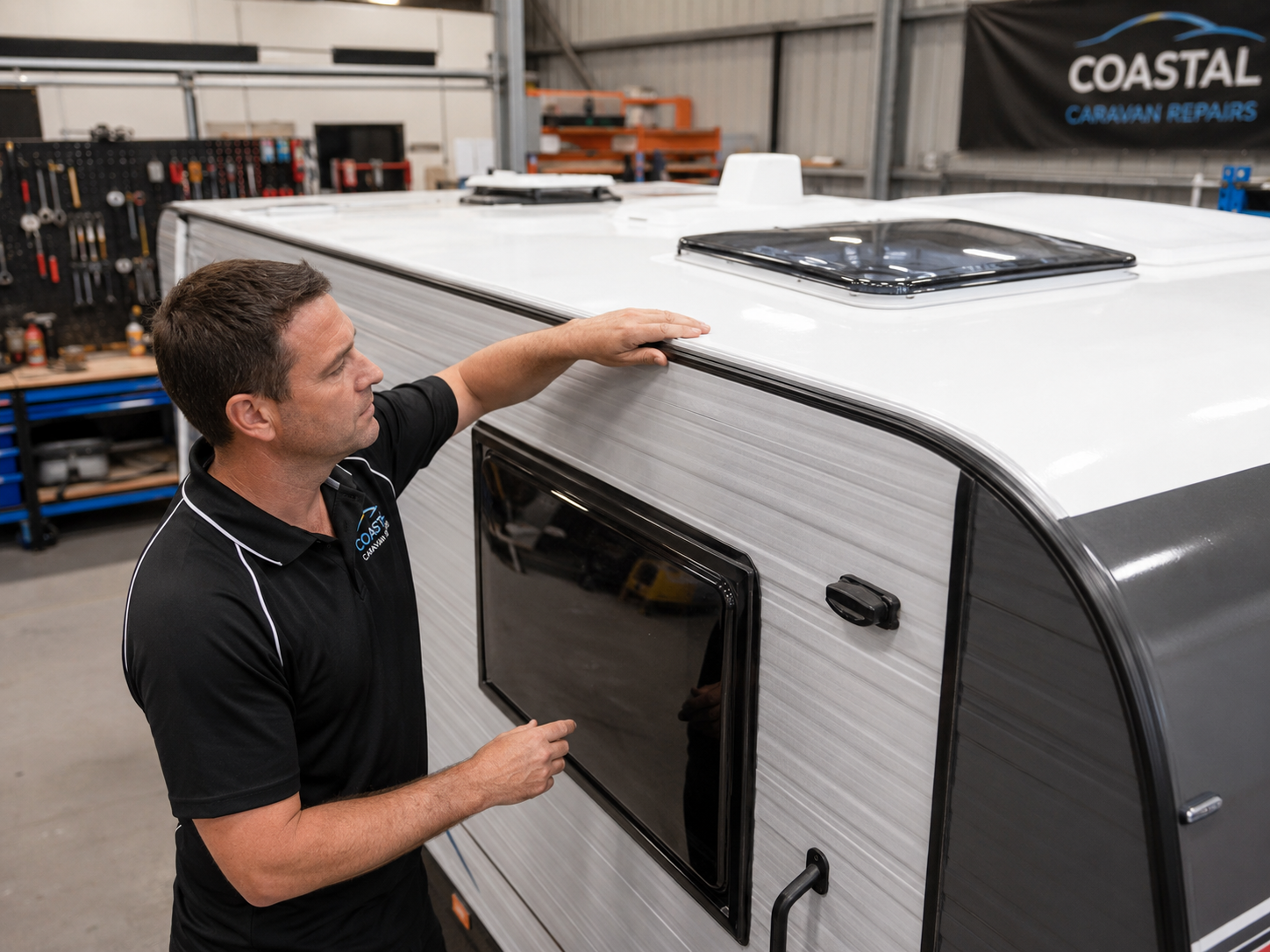 Technician inspecting completed caravan roof repair and roof seal area